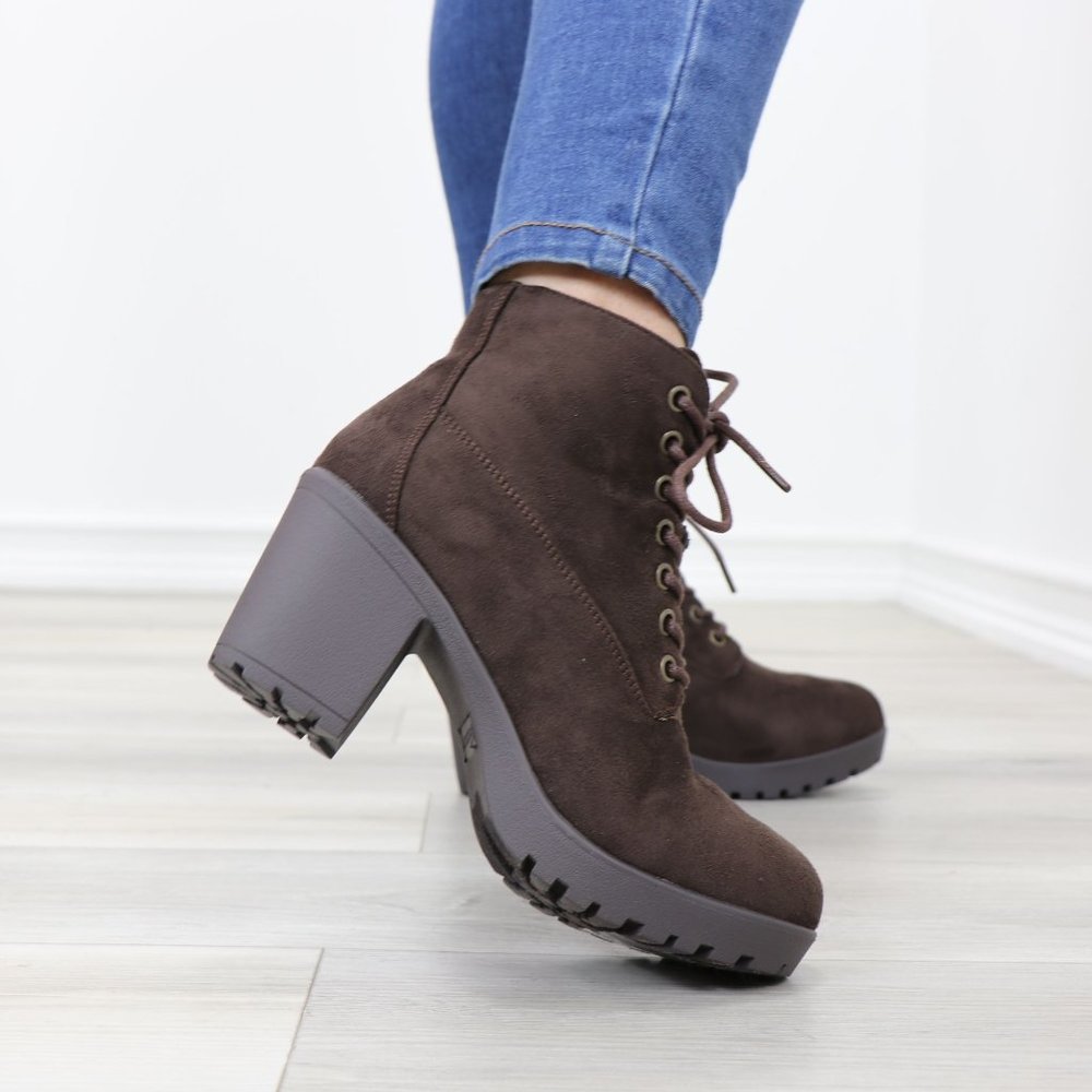 Brown Faux Suede Lace-Up Lug Chunky Block High Heel Ankle Boots - Picture 6 of 12
